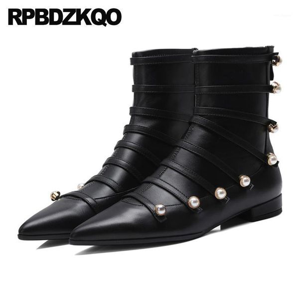 

block chunky fall embellished pearl boots pointed toe brand black ankle short genuine leather designer shoes women luxury 20201