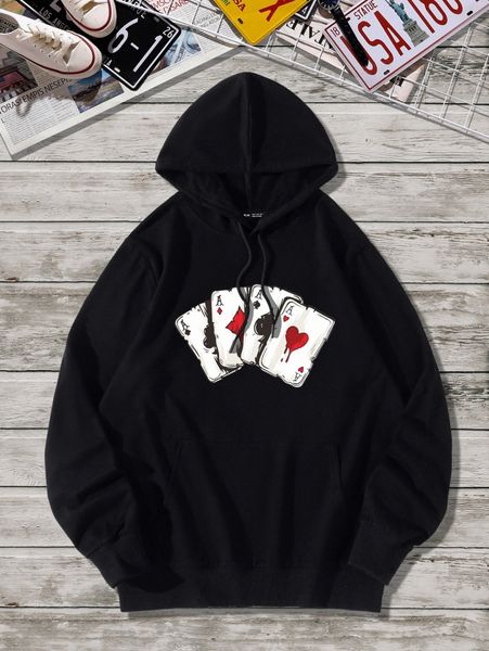

men playing card print drawstring hoodie t0eq#, Black