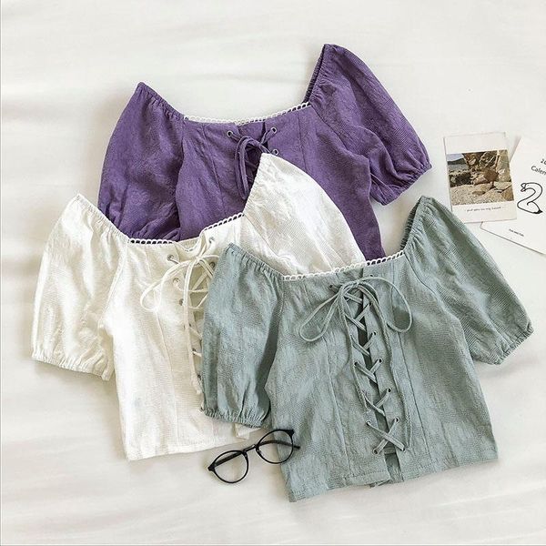 

cross string tie shirt women crop vintage style square neck puff sleeve blouse petite chemise femme chemisier1, White