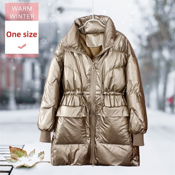 

women long white duck down jacket stand collar female thick loose style warm coat with waistband windproof good quanlity lj201127, Black