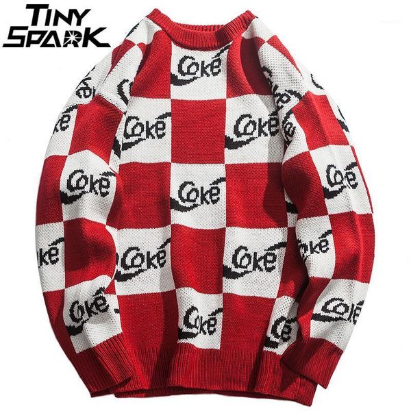 

white red plaid sweater streetwear men hip hop knitted sweater pullover checkered autumn 2021 cotton retro street style1, White;black