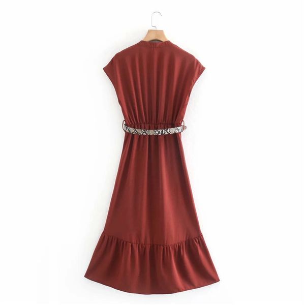 

2021 new women fashion with contrast buckle belt midi dress vintage v-neck short sleeves ruffled hem mujer elegant dresses on1r, Black;gray