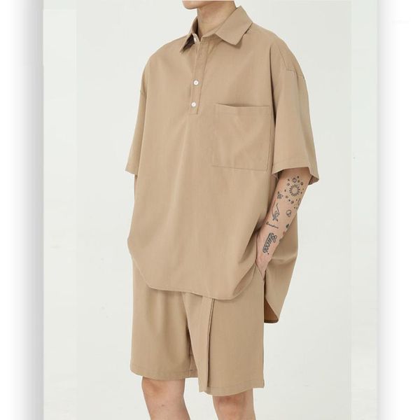

men summer 2 pieces suits sets short sleeve loose pullover shirts shorts male japan korea style streetwear hip hop shirts shorts1, Gray
