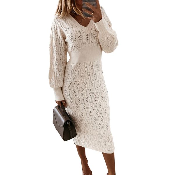 

beige sweater dress woman new autumn elastic long sleeve v neck elegant hollow midi party dresses knitted fashion new, Black;gray
