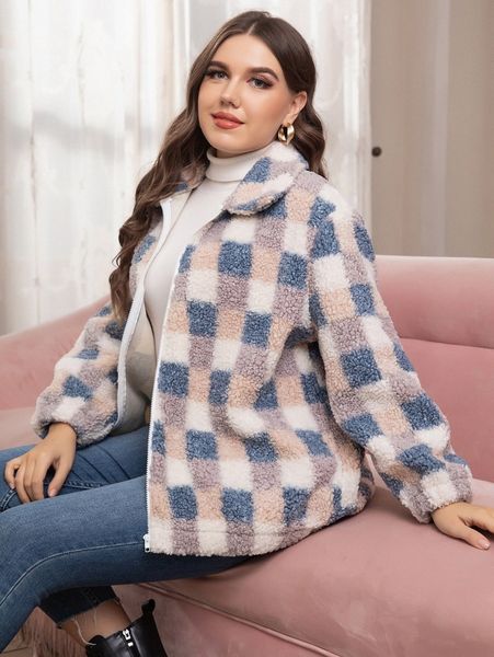 

plus plaid zip up teddy jacket j8uw#, Black