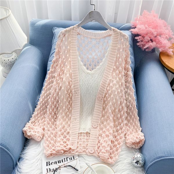 

hollow out knitted women sweaters and cardigan 2020 summer new loose casaul all match solid outwear coat, Tan;black