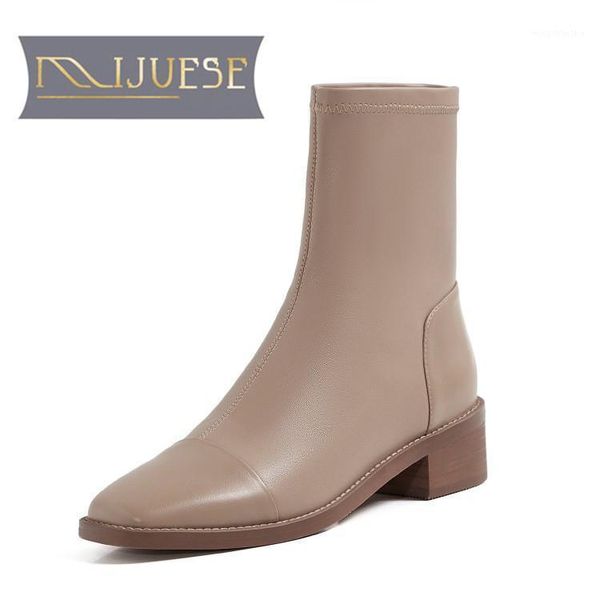 

boots mljuese 2022 women ankle cow leather winter short plush square toe med heels female size 401, Black