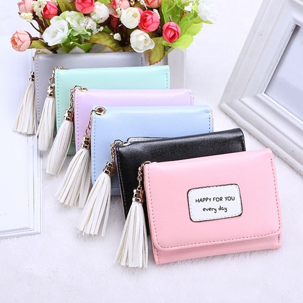 

new 2021 ladies short pu wallet leather magnetic buckle tassel three fold cute student fresh card bag wallet small coin purse, Red;black