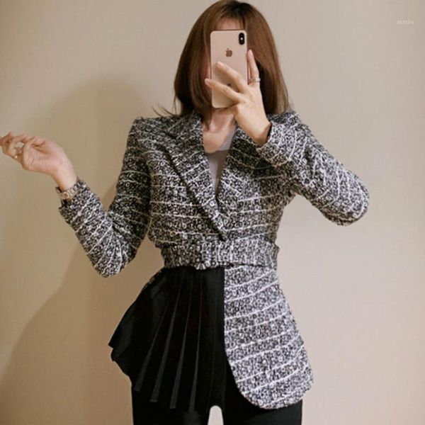 

2020 winter slim notched sashes patchwork wool blend thick slim office blazer coat1, White;black