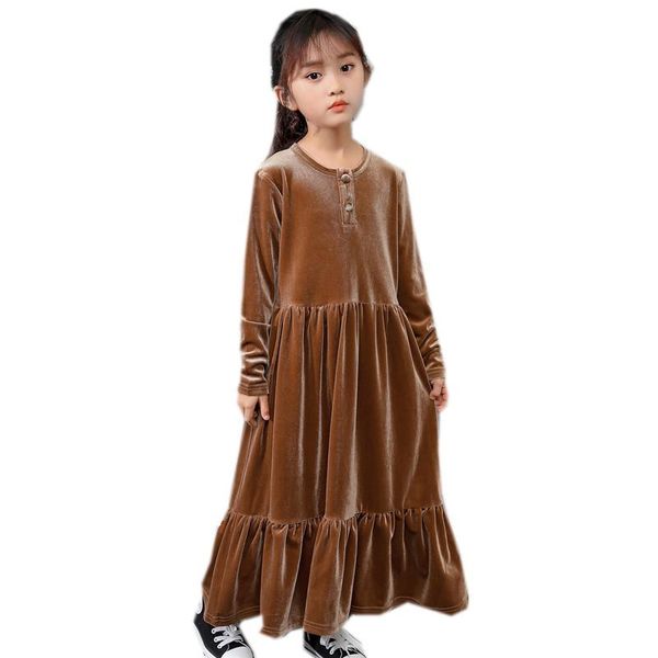 

4 to 14 years kids & teenager girls velvet maxi long dress children girl fashion fall winter buttoned velour flare casual dress, Red;yellow
