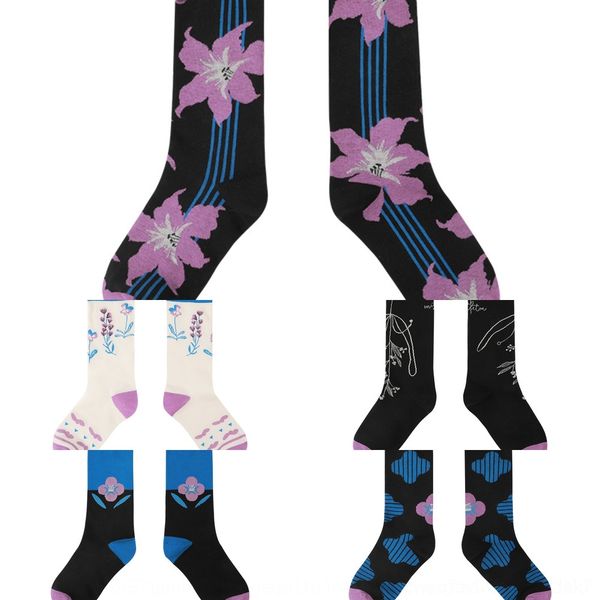 

xlxlf women's cotton and mid-calf 2020 autumn and winter new geometric flower socks cotton fashion socks personalized illustration wome, Black