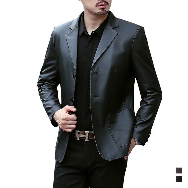 

autumn and winter in the men's leather leather thickening sheepskin long leisure suits middle-aged men's suit jacket, Black