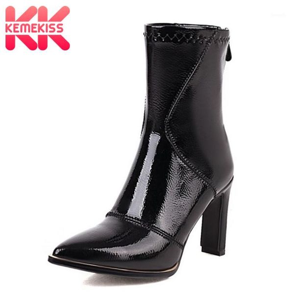 

boots kemekiss size 34-43 women ankle patent leather back zipper shoes pointed toe winter warm fashion party footwear1, Black