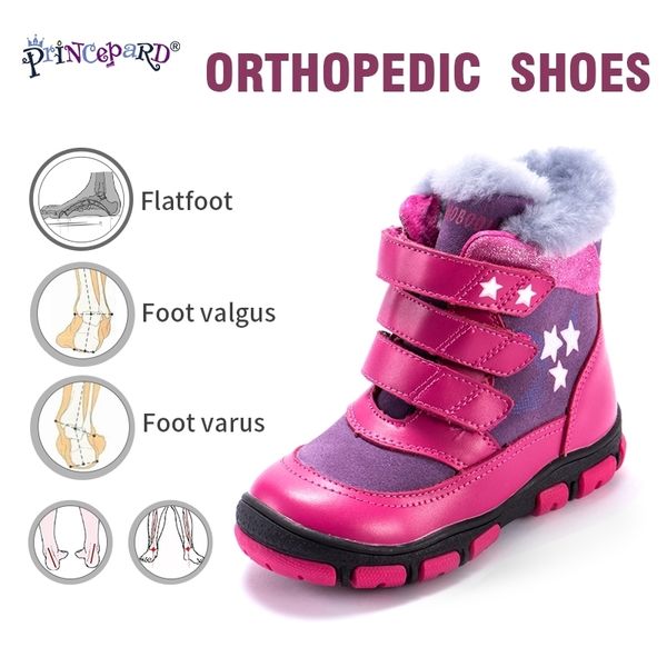 Принцпард зимняя ортопедическая обувь для детей 100% натуральные меховые футеровки натуральные кожаные ореопедические сапоги мальчики девушки 22-36 размер LJ201203