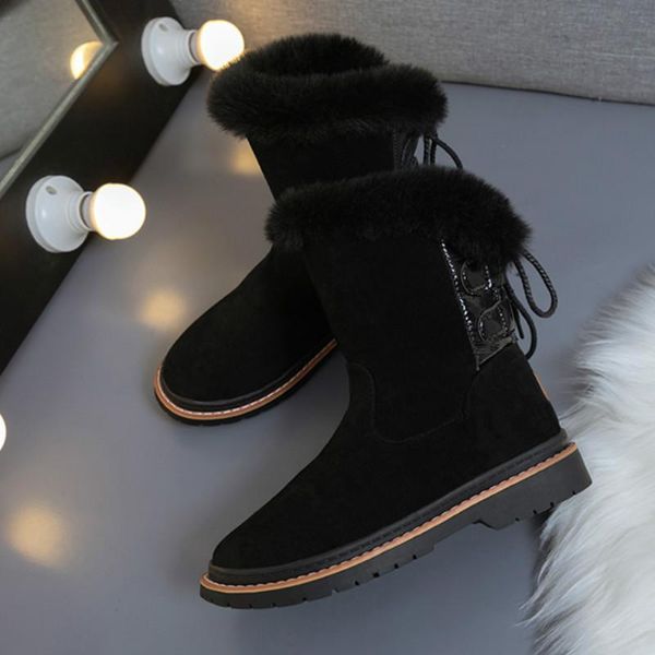 

winter fleece snow boots lace up lady non-slip high boots bandage high women mid-calf solid tassels u11-18, Black