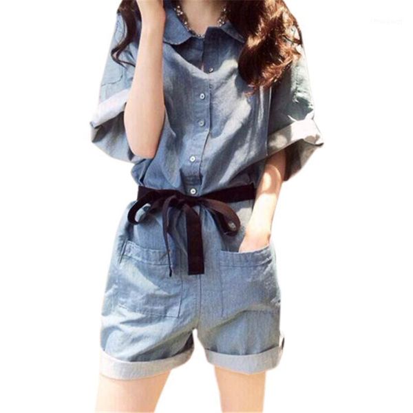 

women jumpsuit 2020 summer new single-breasted jeans rompers fashion casual denim wide leg pants women's onesies with belt a21361, Black;white