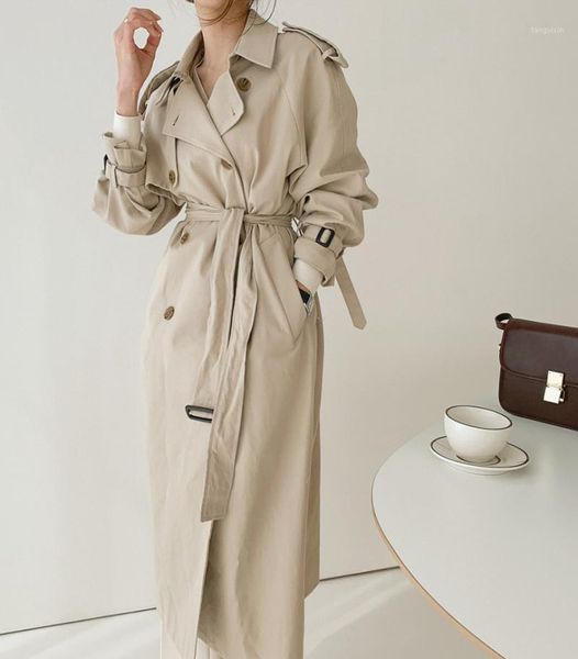 

new fashion autumn winter casual double breasted simple classic long trench women's coat with belt chic female windbreaker1, Tan;black