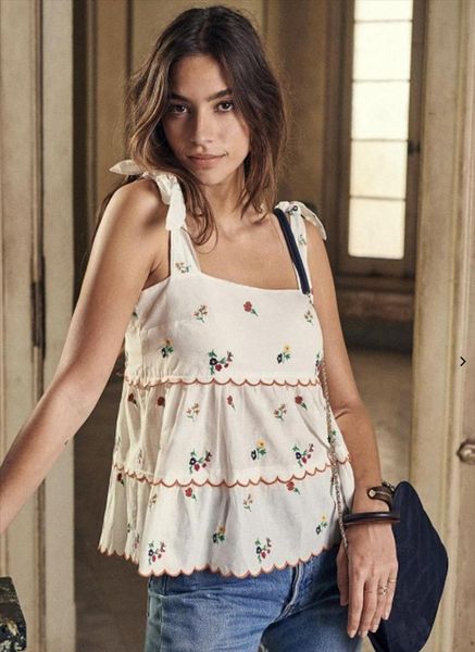 

floral embroidered tank women summer clothes 2021 sleeveless button up strap ruffle boho vintage loose shirt tunic, White