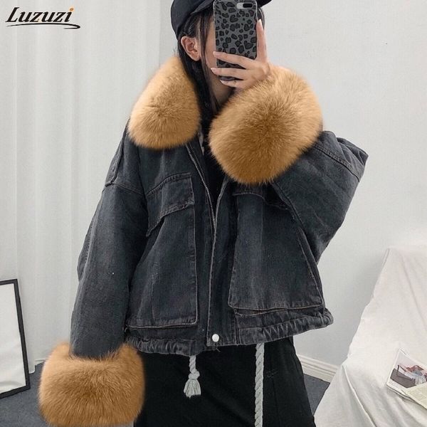 

luzuzi women winter denim jacket oversize large fur collar plus velvet jacket detachable thick loose cotton warm jean coat 201120, Black;brown