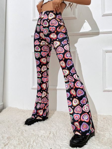 

heart print cut out detail flare leg pants 51fe#, Black;white