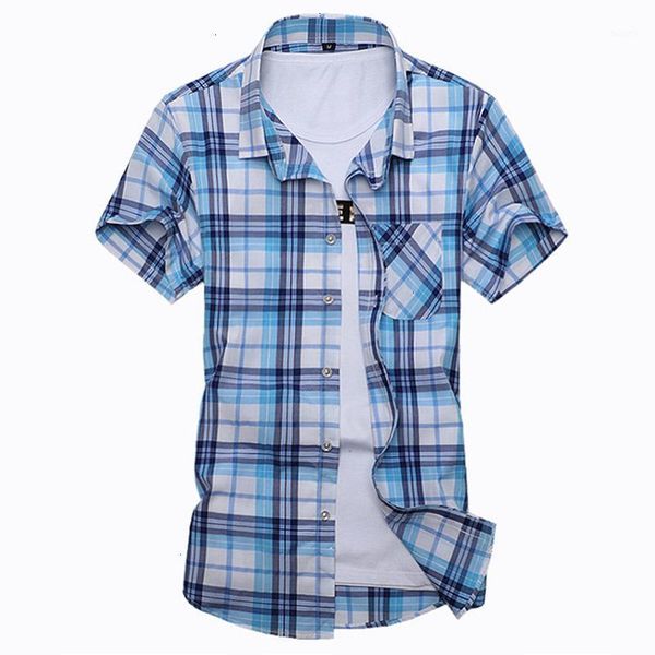 

men plaid shirts summer fashion casual slim fit short sleeve shirt mens clothing plus size -7xl1, White;black