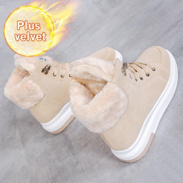 

boots ankle 2021 plus velvet winter women sneakers fashion flock casual ladies footwear lace up flats platform short botas, Black