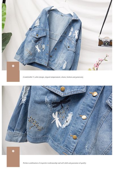 

jvcake plus size women's loose cotton denim jacket section fashion embroidery pattern lapel blue 2020 autumndenim coat for woman lj2008, Black;brown