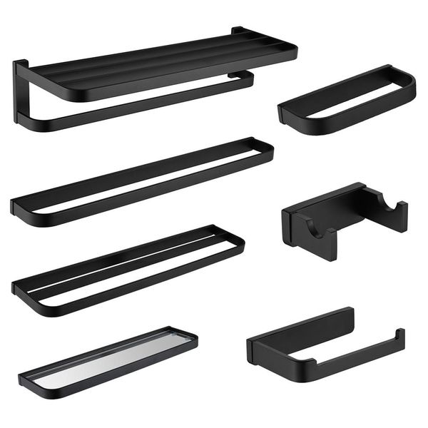 

sus304 stainless steel bathroom shelf towel rack robe hook bathroom accessories set double towel rails black finish glass shelf yxllly