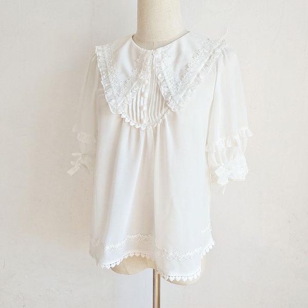 

short sleeve chiffon blouse pointed collar lolita top, White