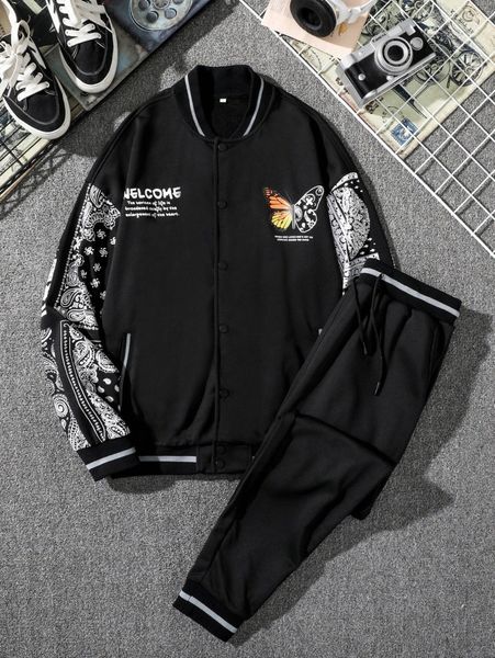 

men slogan & paisley print bomber jacket & drawstring waist sweatpants d9kx#, Gray