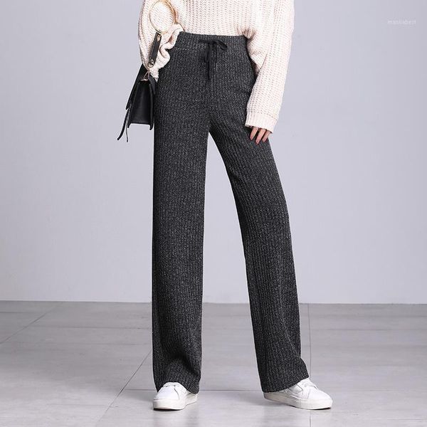 

minuoyi 2020 autumn winter women knit wide leg pants warm casual wool pants loose drape thickening straight type female trousers1, Black;white