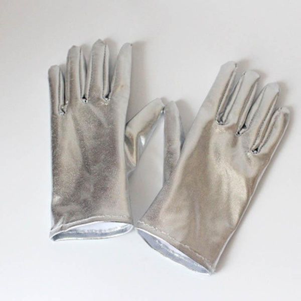 

five fingers gloves long patent leather coated gold and silver bright steel tube stage performance e19, Blue;gray