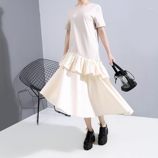 

womengaga 2020 summer new dress ruffles asymmetrical patchwork casual loose empire o-neck streetwear pleated solid a2311, Black;gray