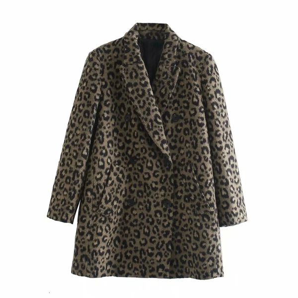 

2021 new vintage leopard double breasted blazer coat women autumn winter animal printed lapel collar sleeve long elegant coats 5871, White;black
