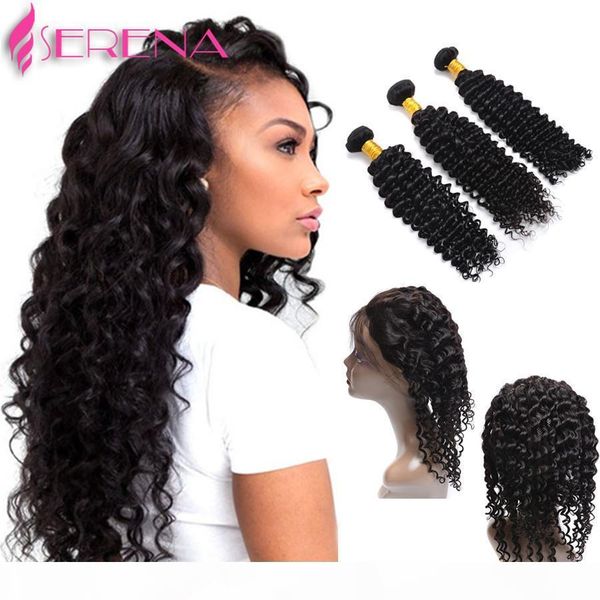 

9a 360 closure and hair 360 curly kinky hair with bundles ear to ear closure deep wave full lace frontal with human hair, Black;brown