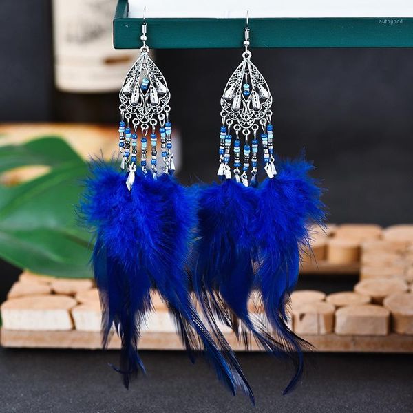 

dangle & chandelier boho summer blue long feather earrings for women vintage silver color flower beads tassel earings fashion jewelry oorbel