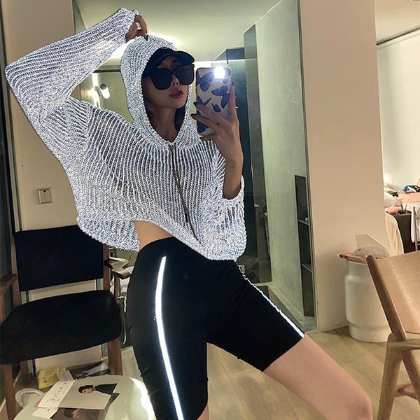 

2021 new reflective sweater hooded pullover soft knitting women sweater hip hop streetwear long sleeve jacket woman, White;black