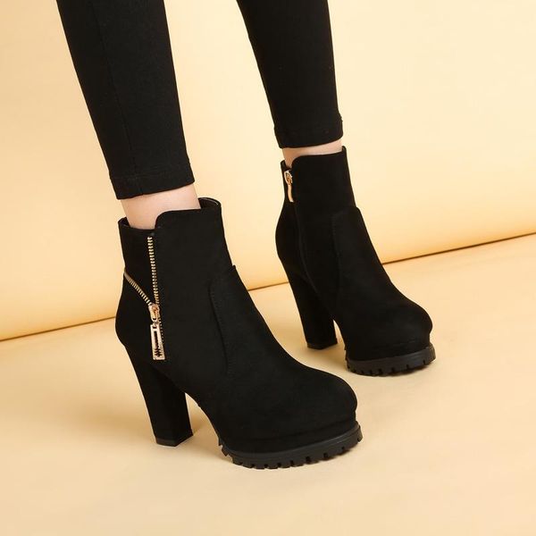 

boots women's thick heel high heel waterproof platform round head british style 2021 winter new plus velvet ankle boots, Black