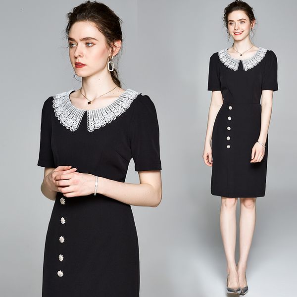 

2021 new merchall runway button split bodycon summer women short sleeve lace lapel collar sheth office ladies work es q2qi, Black;gray