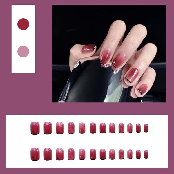 

false nails 24pcs fake short with glue rose black french manicure patch removable wearable full cover nail tips, Red;gold