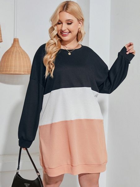 

plus color block drop shoulder sweatshirt dress c1af#, Black