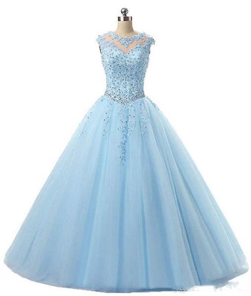 Doce Pageant Dresses Lace Applique Tulle vestido de baile Prom vestidos longos Vestidos Keyhole Voltar Debutante Masquerade Vestido