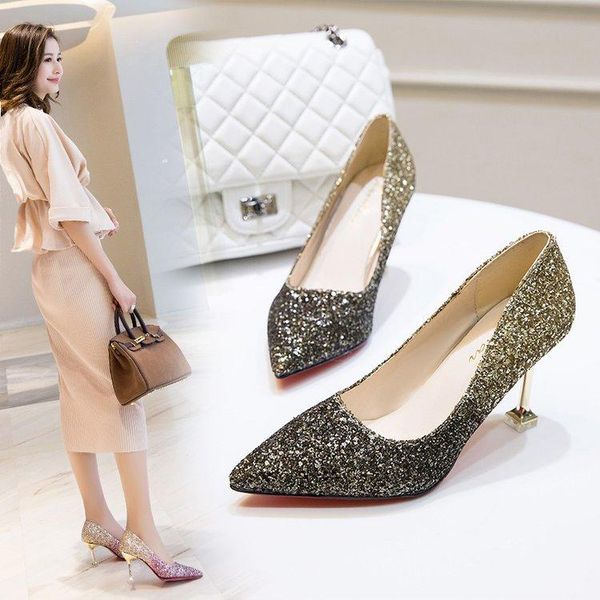 

spring new gradient color crystal shoes elegant wedding shoes silver thin heels high heels dress party pumps womens shoe, Black