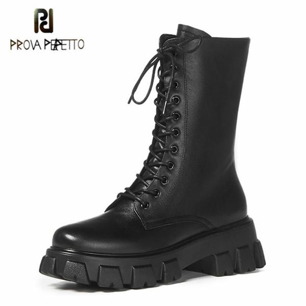

prova perfetto elegant ankle boots for women lace-up flat platform zipper-sid plush genuine leather motorcycle boots feminina, Black