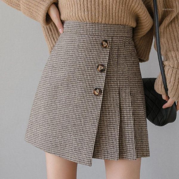 

woolen a-line pleated women's mini skirt irregular sweet button high waist preppy style girl skirts 2021 autumn winter bottoms1, Black