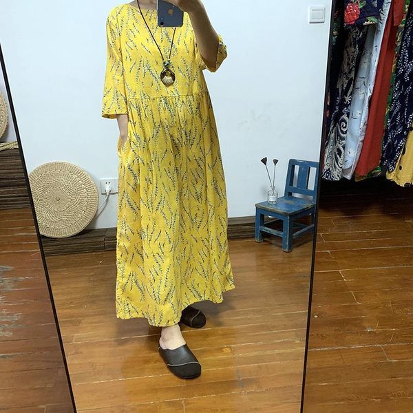 

summer thin floral cotton slub cotton dress loose and comfortable half sleeve waist long ankle-length dress, Black;gray
