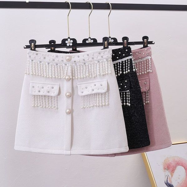 

2021 new autumn and winter women's fringe fine high-to-line pink female skirt y375 d87q, Black