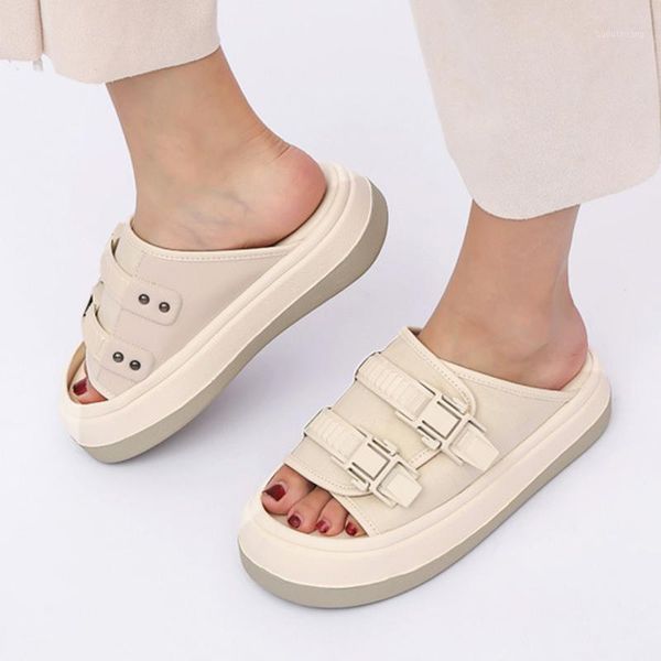 

double buckle band genuine leather slippers women flipflop platform sandals shoes woman muffins british elevated heel slides20201, Black