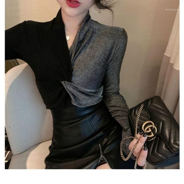 

women blouse v neck long sleeve casual shirts female fashion office slim shirts solid color patchwork buttoned blouse d261, White