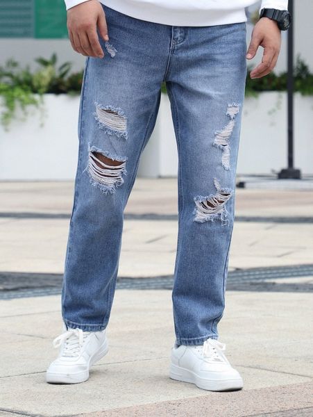 

men bleach wash ripped frayed jeans l4rg#, Blue